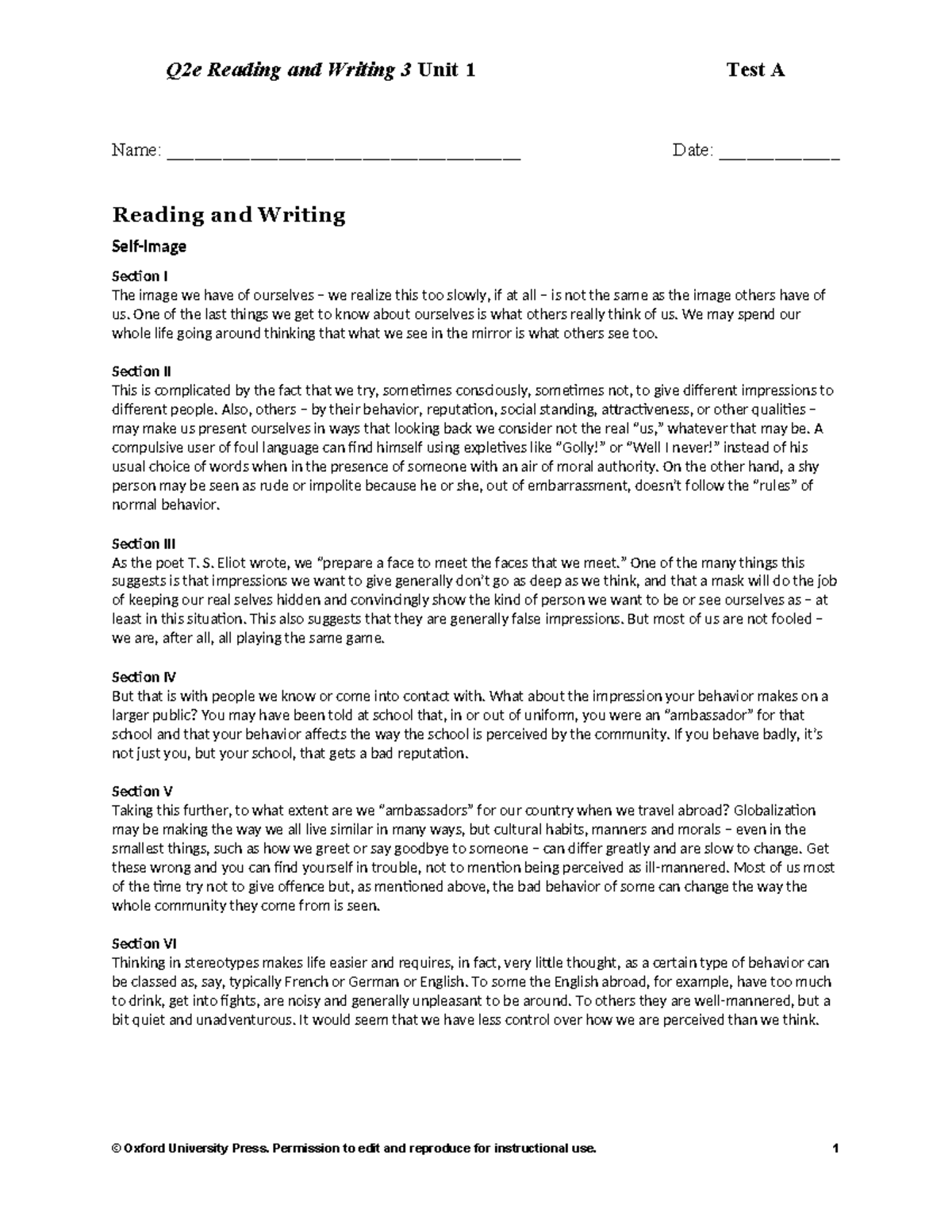 Q2e RW3 U01 Test A - Reading & Writing Unit 1 Assessment - Studocu