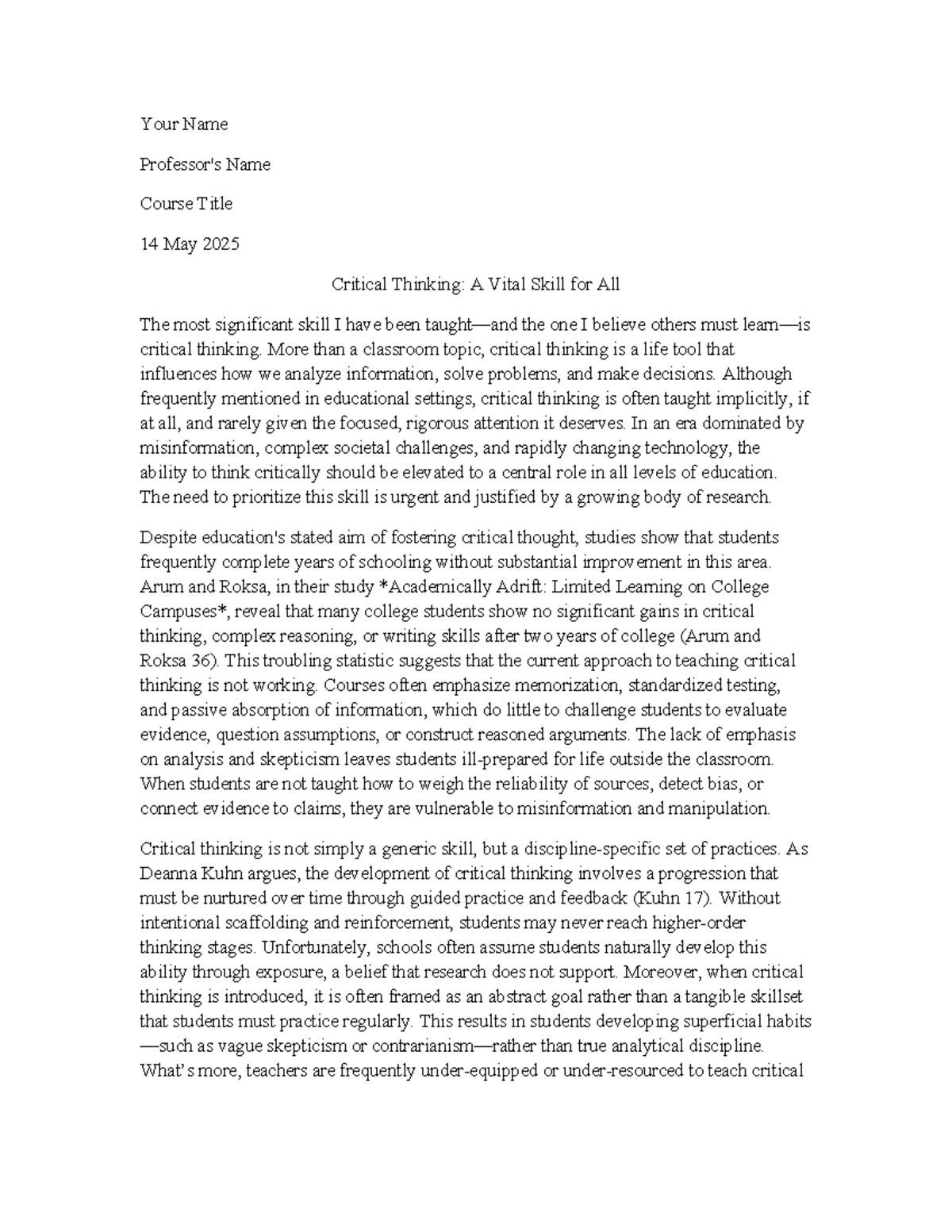 Critical Thinking Essay (Course Code: CT101) - Importance and ...