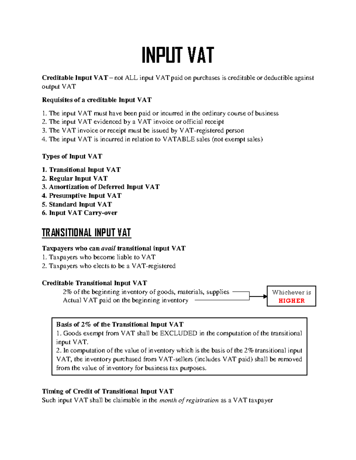 Input VAT Notes & Guidelines for Effective Tax Management - Studocu