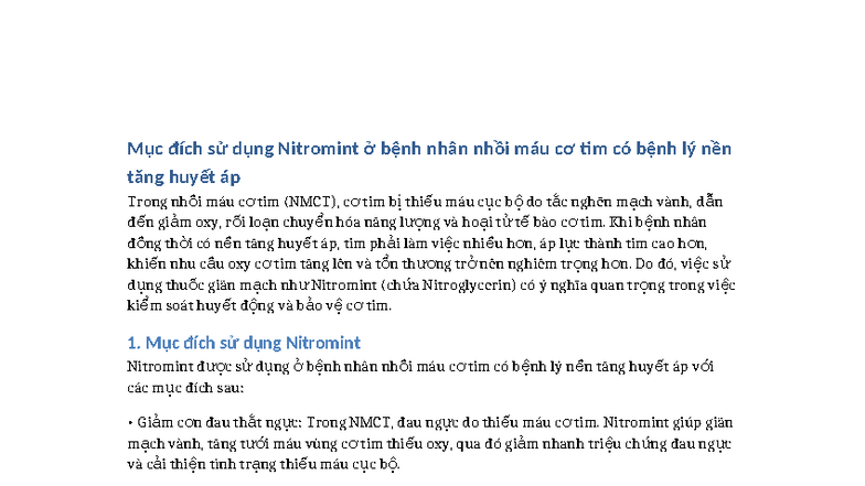 Mục đích sử dụng Nitromint trong NMCT và tăng huyết áp - Studocu