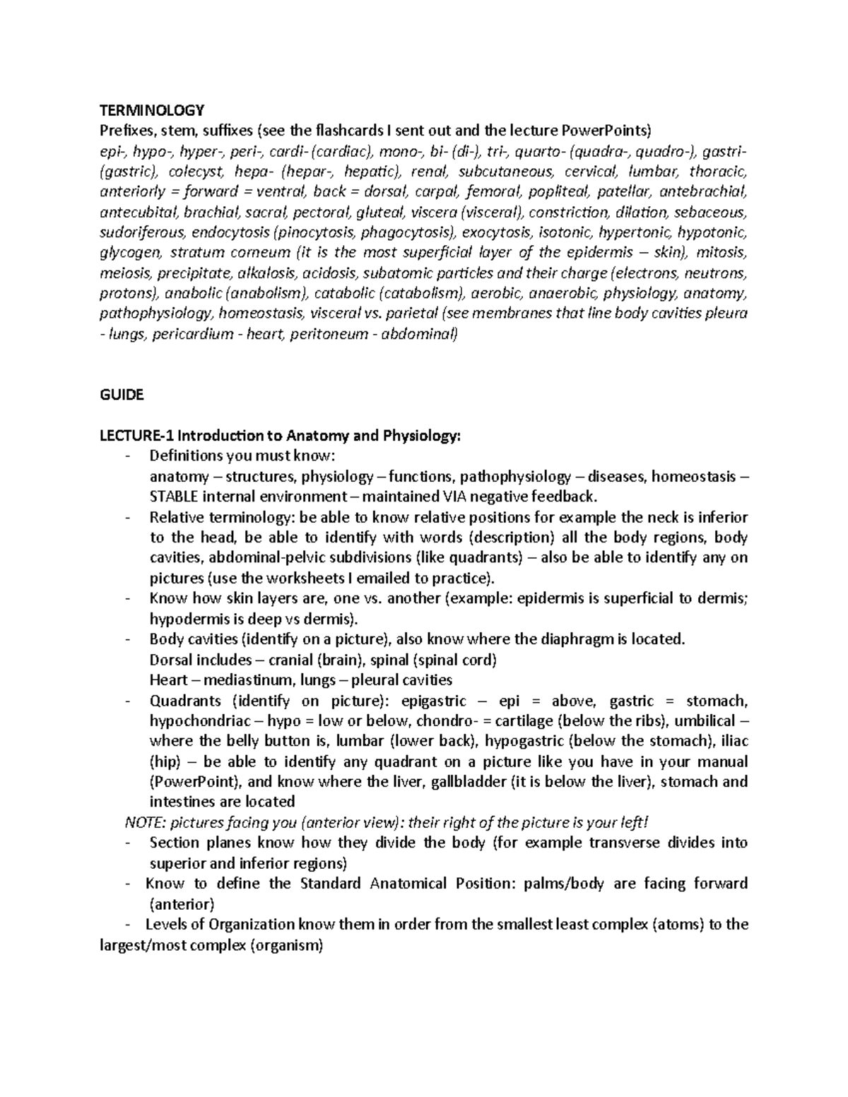 Exam-1 Study Guide: Key Terms in Anatomy & Physiology - Studocu