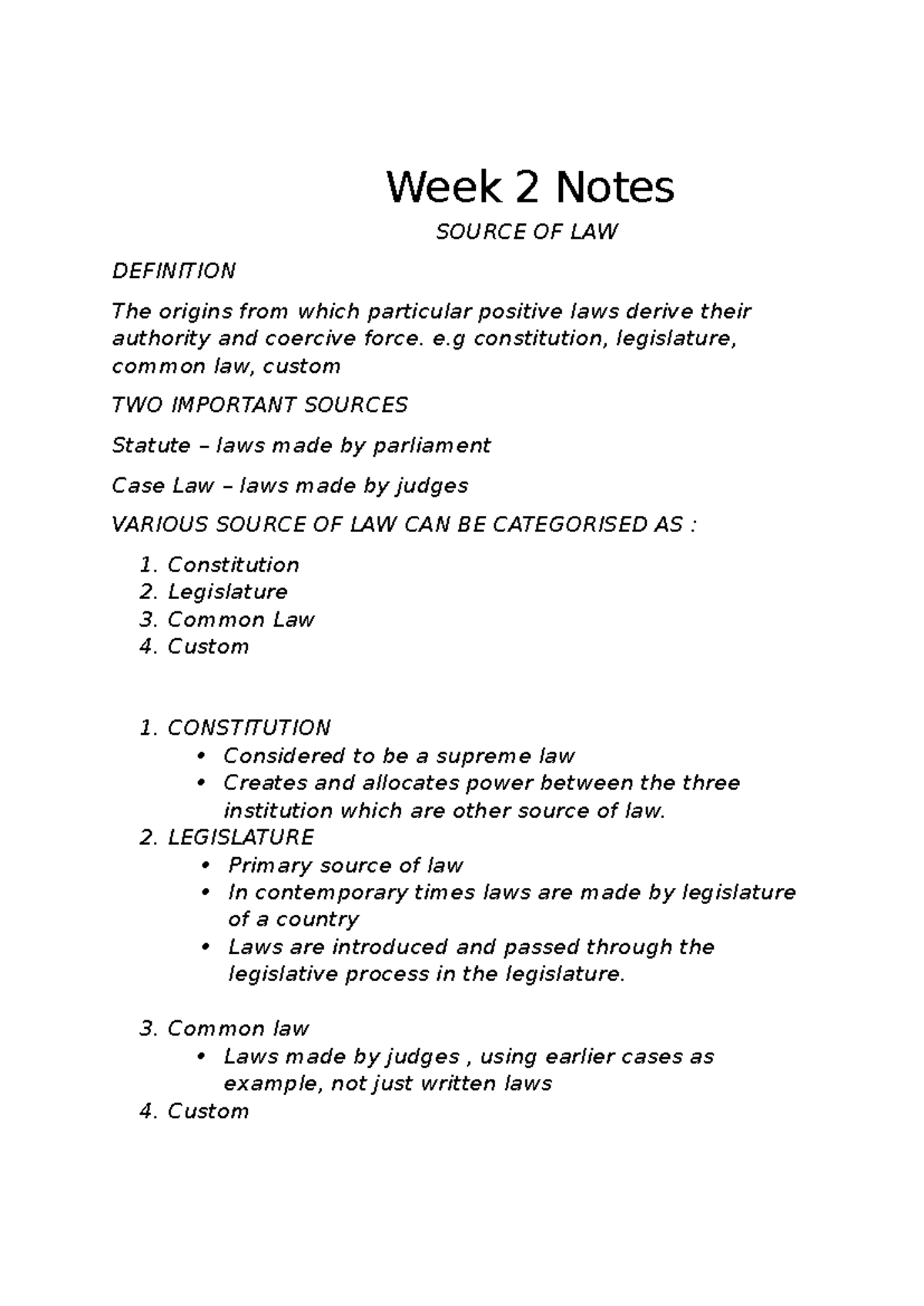 LAW 101: Week 2 Notes on Sources of Law and Interpretation - Studocu