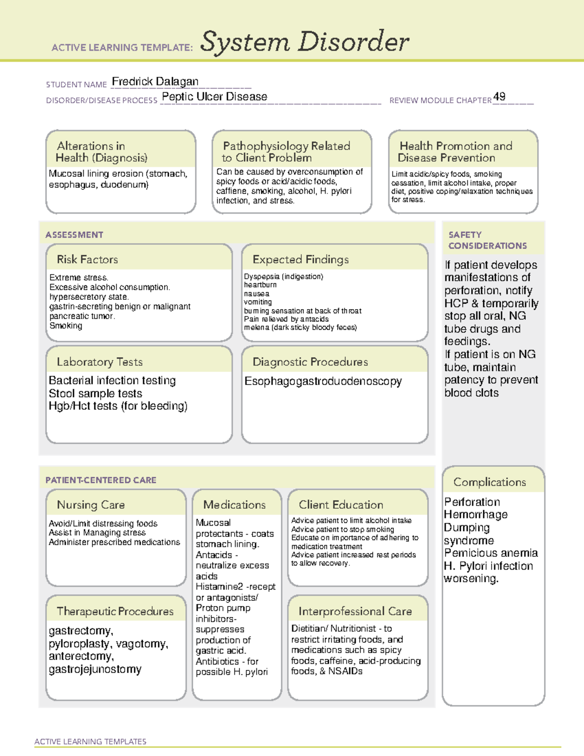 Peptic Ulcer Disease Active Learning Template - System Disorder - Studocu