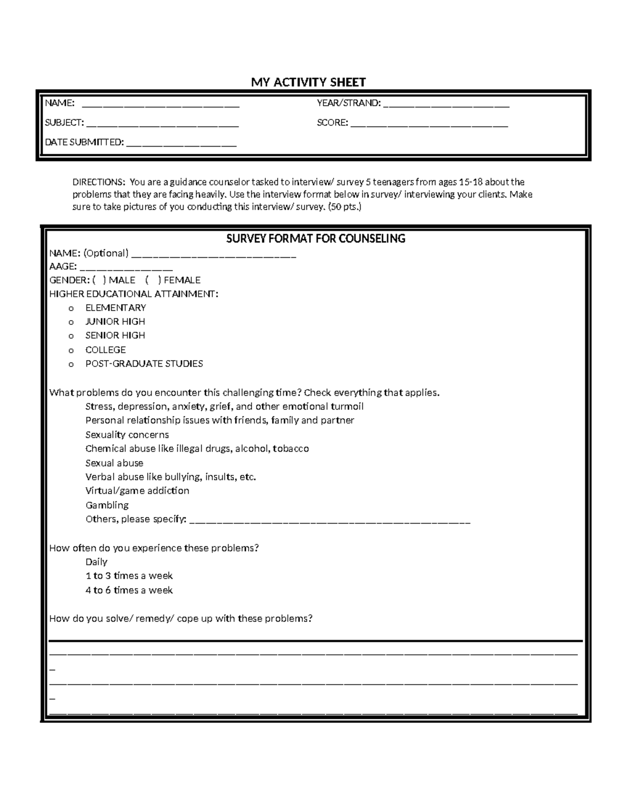 MY Activity Sheet - MY ACTIVITY SHEET NAME ...