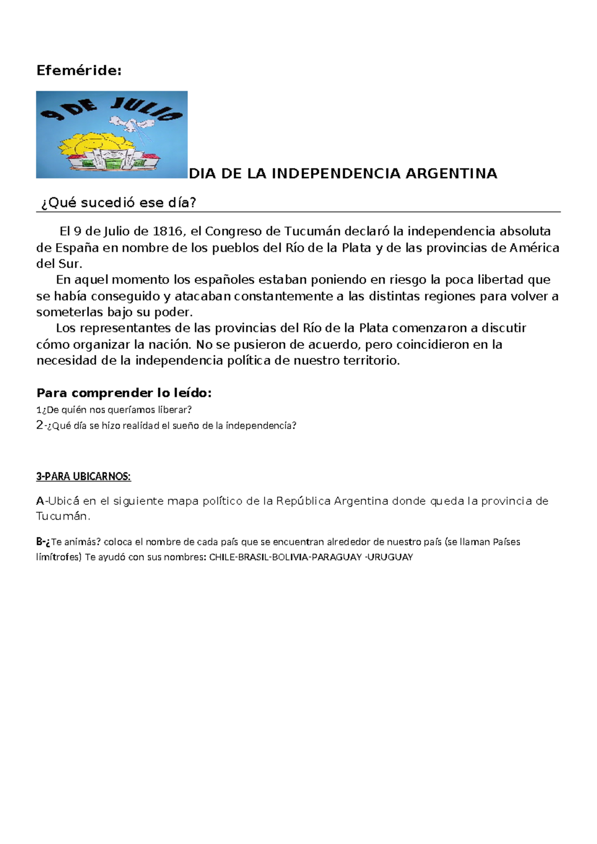 Efeméride: Día de la Independencia Argentina - 9 de Julio 1816 - Studocu