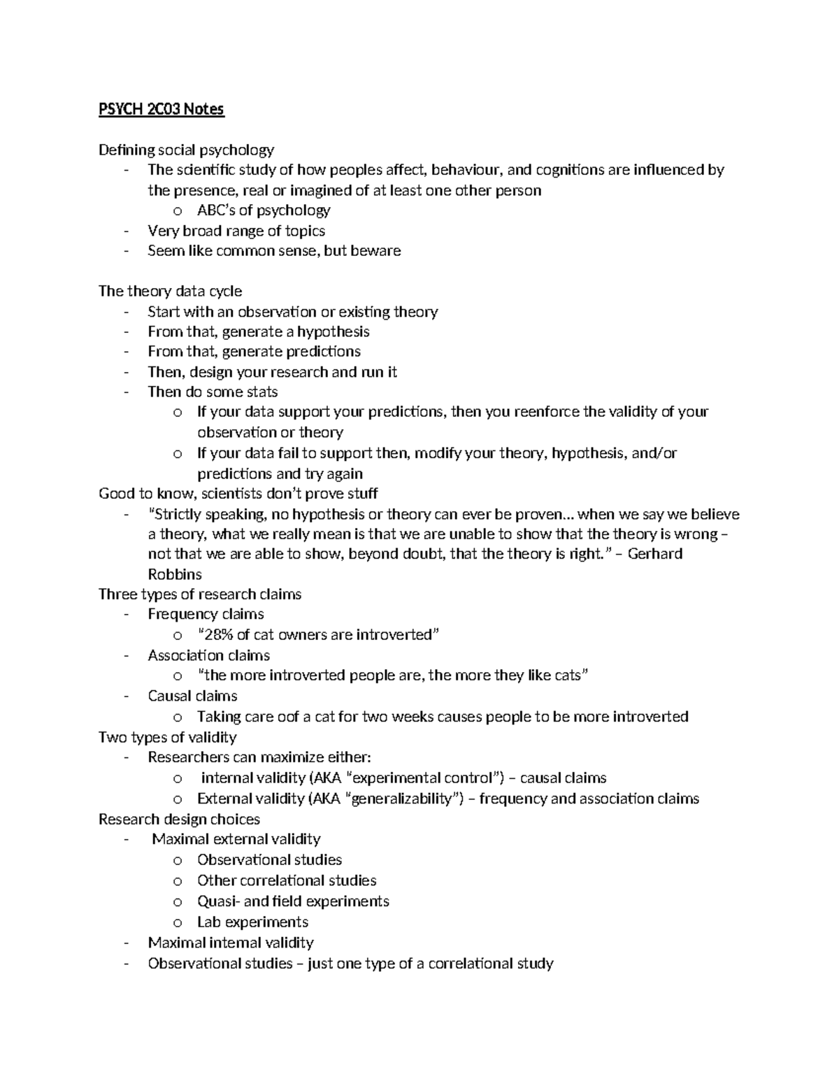 PSYCH 2C03 Final Exam Notes on Social Psychology Concepts and Theories ...
