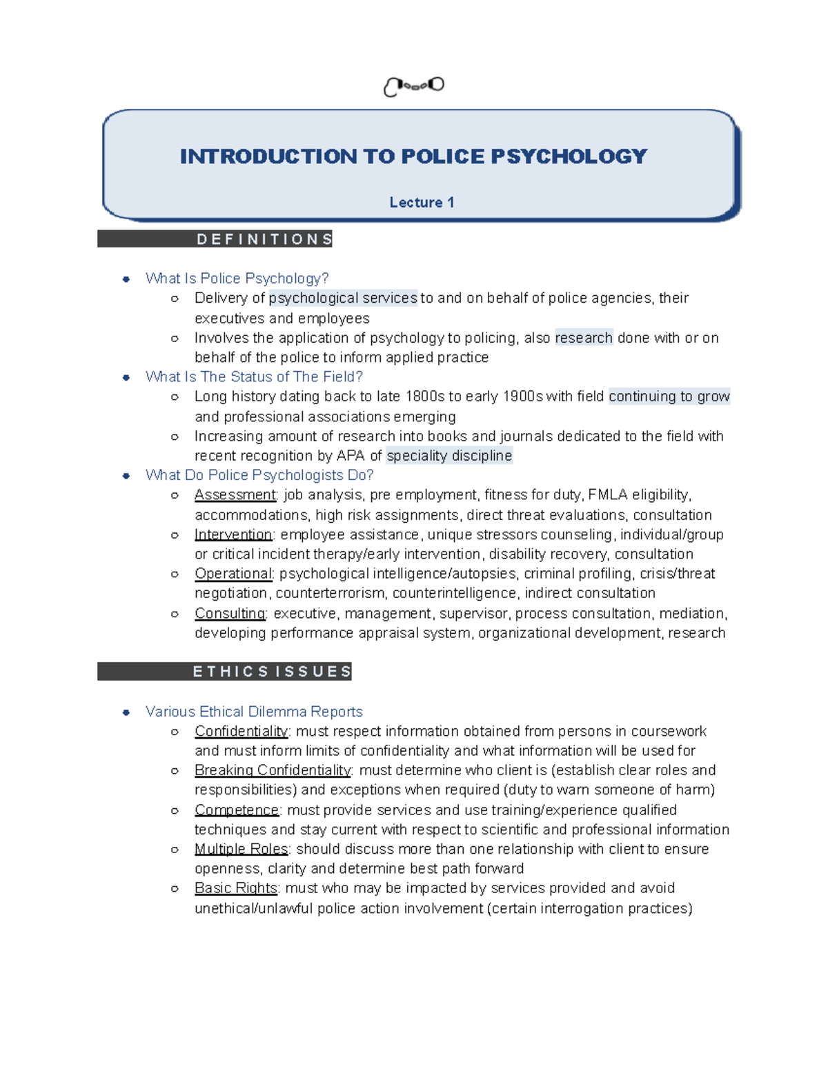 Police Psychology PSY 101 Midterm Lecture Notes - Studocu