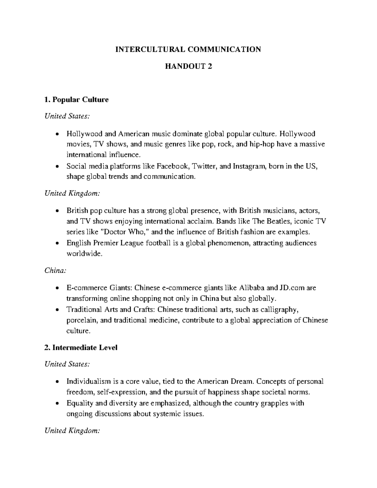 Intercultural Communication Handout 2: USA & China Insights - Studocu