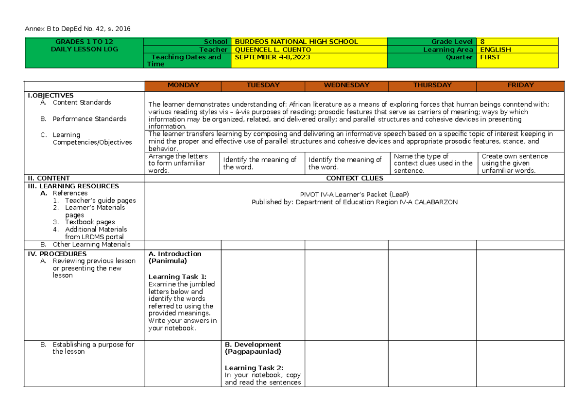 Q1 W1-2: English Lesson Plan for Grade 8 (Sept 4-8, 2023) - Studocu