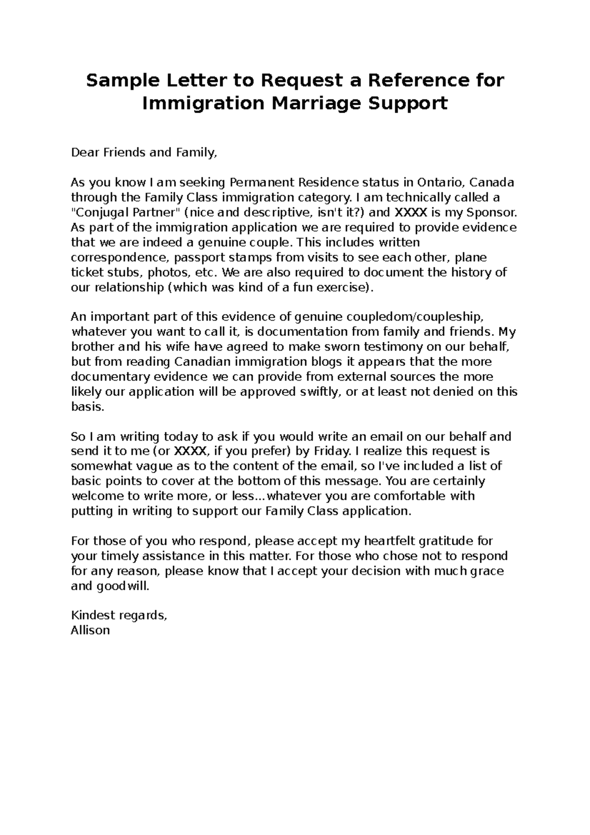 Recommendation Letter For A Friend For Immigration