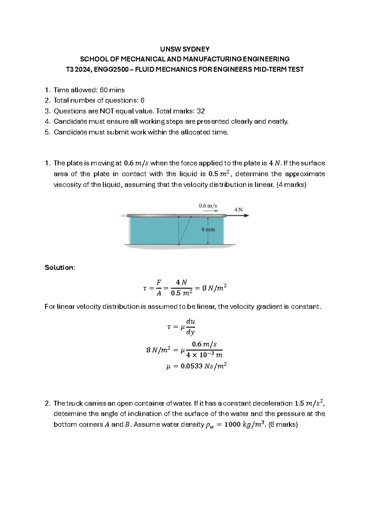 Engg2500 T3 2024 fluid mechanics for engineers test 1 solutions - Studocu