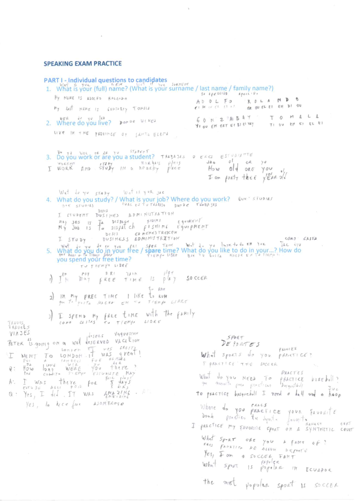 SPEAKING EXAM PRACTICE PART I - Individual Questions for WAT - Studocu
