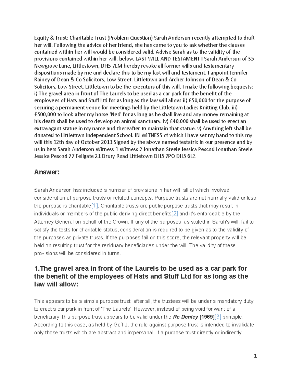 Equity & Trusts: Charitable Trust Exam 1 Analysis and Advice - Studocu