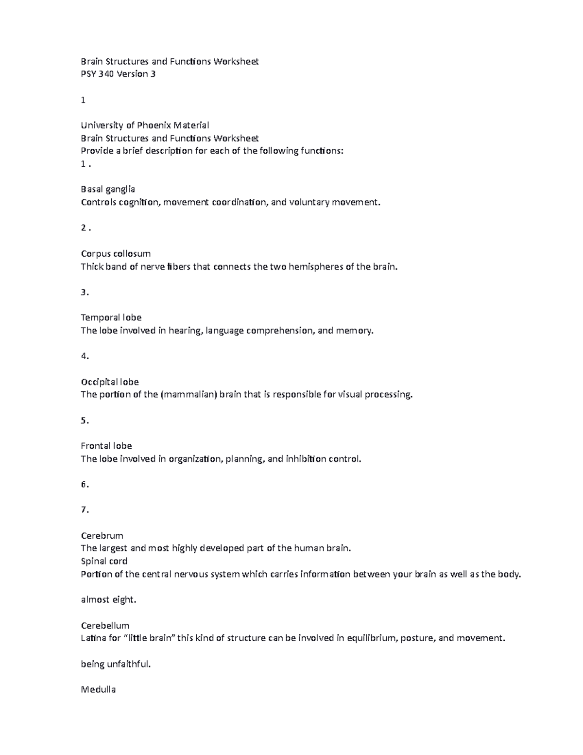 PSY 340 Brain Structures and Functions Worksheet Version 3 Outline ...