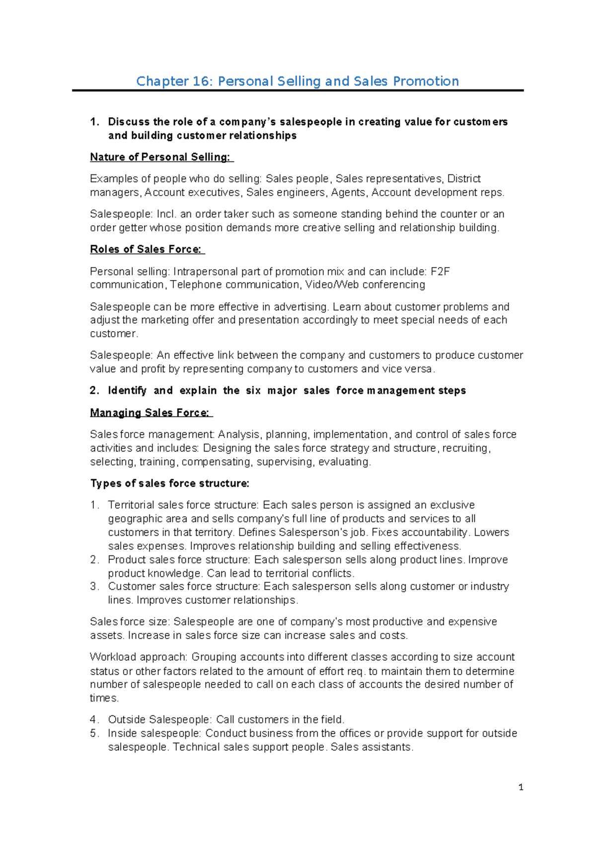 Chapter 16: Personal Selling & Sales Promotion Overview - Studocu