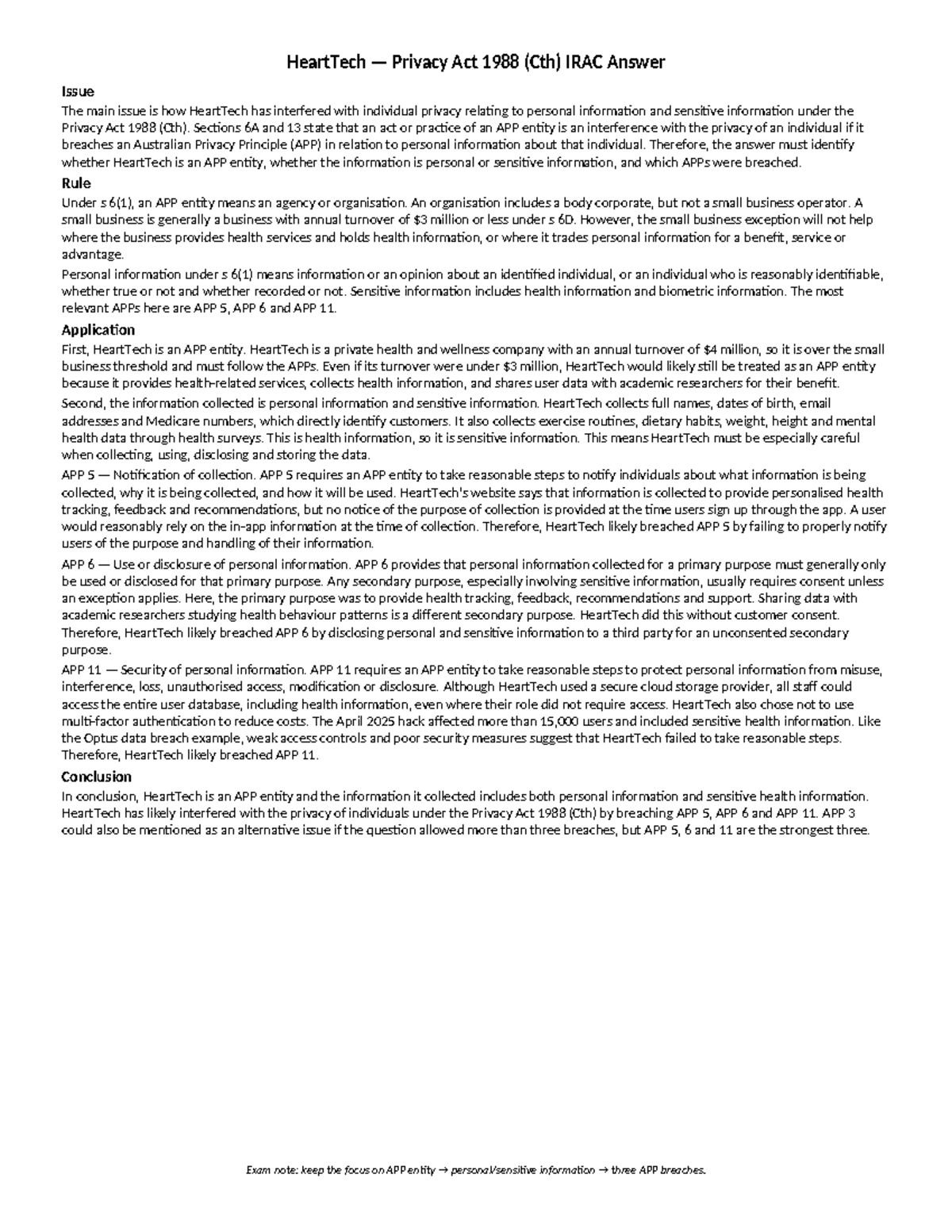 HeartTech Privacy Act 1988 (Cth) IRAC Analysis: APP Breaches - Studocu
