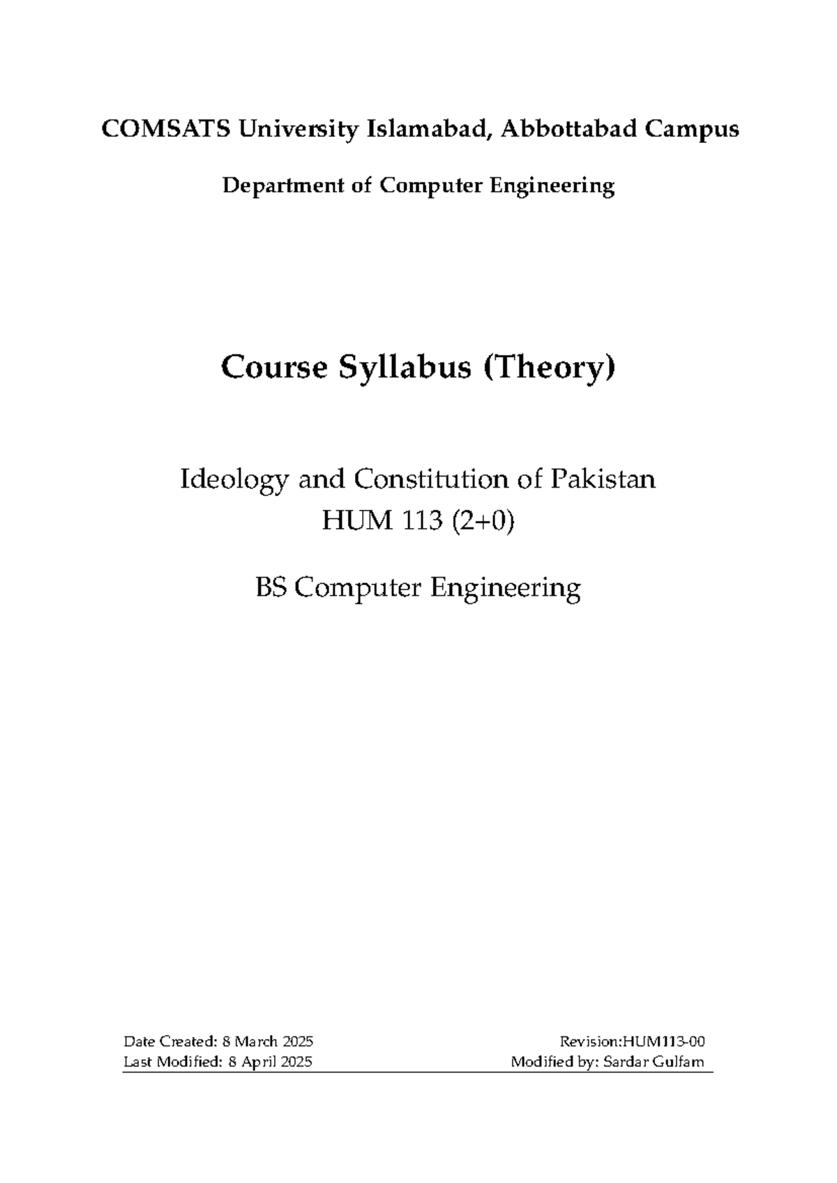 HUM 113 Course Syllabus: Ideology & Constitution of Pakistan - Studocu