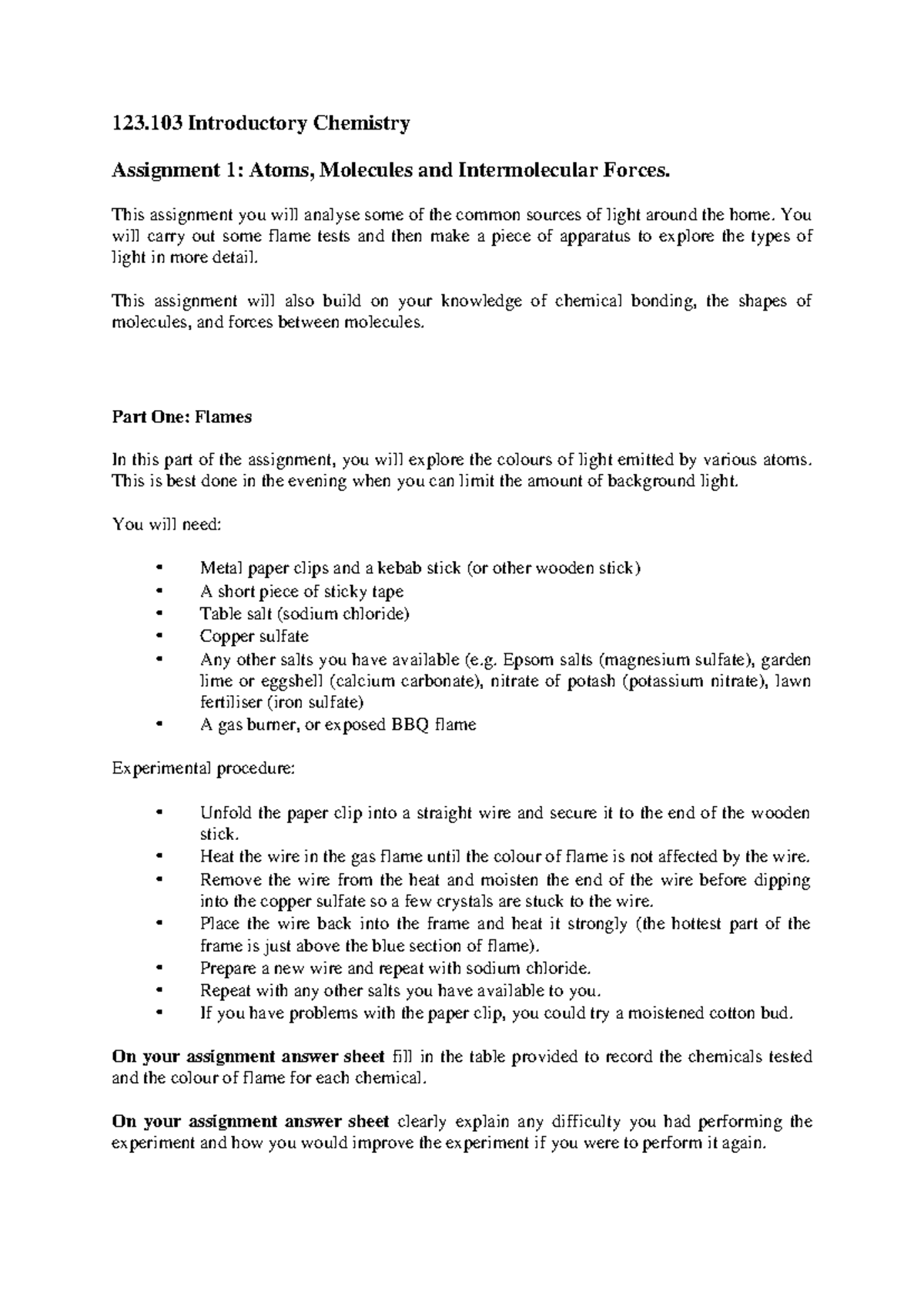 123103 Assignment 1 Atoms Molecules and Intermolecular Forces - 123 ...