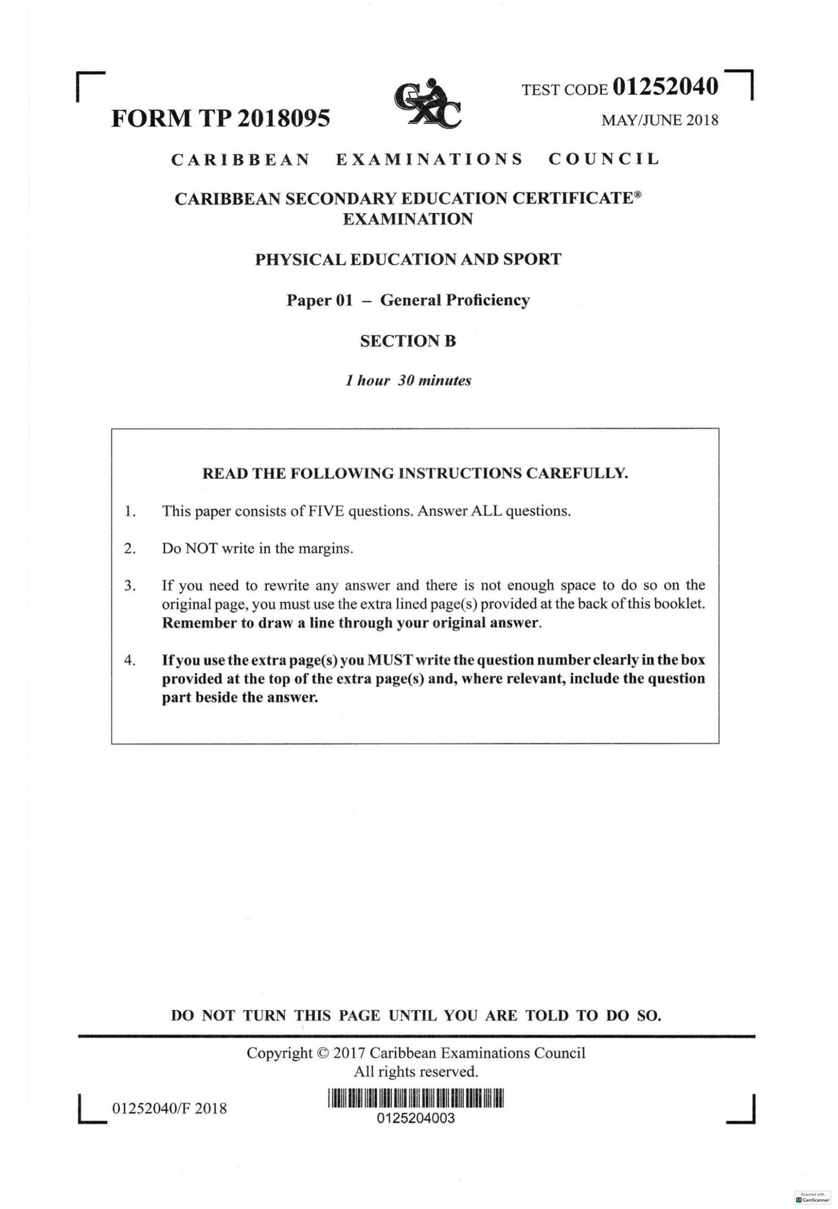 2018 CSEC PE Pass Paper - Section B Exam Questions and Guidelines - Studocu