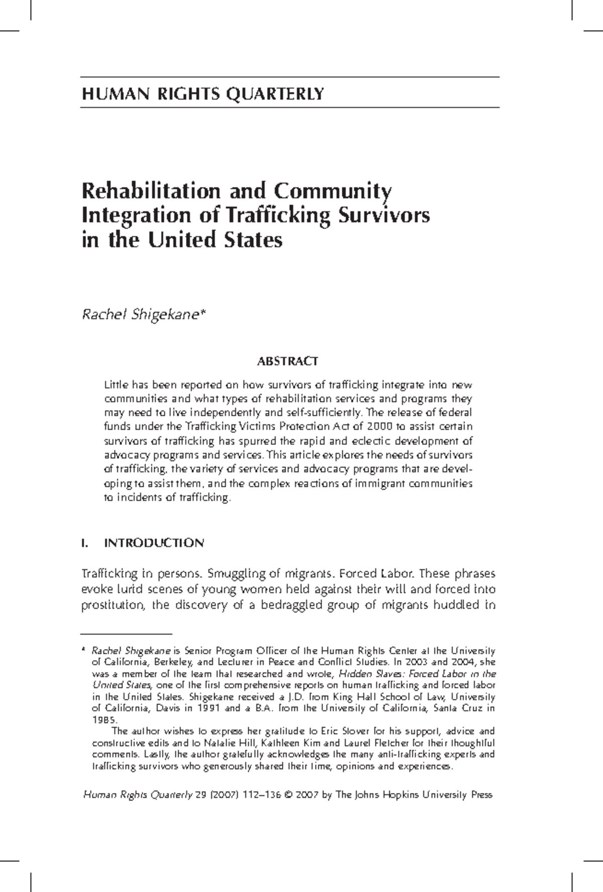 Rehabilitation and Community Integration of Trafficking Survivors (JHR ...