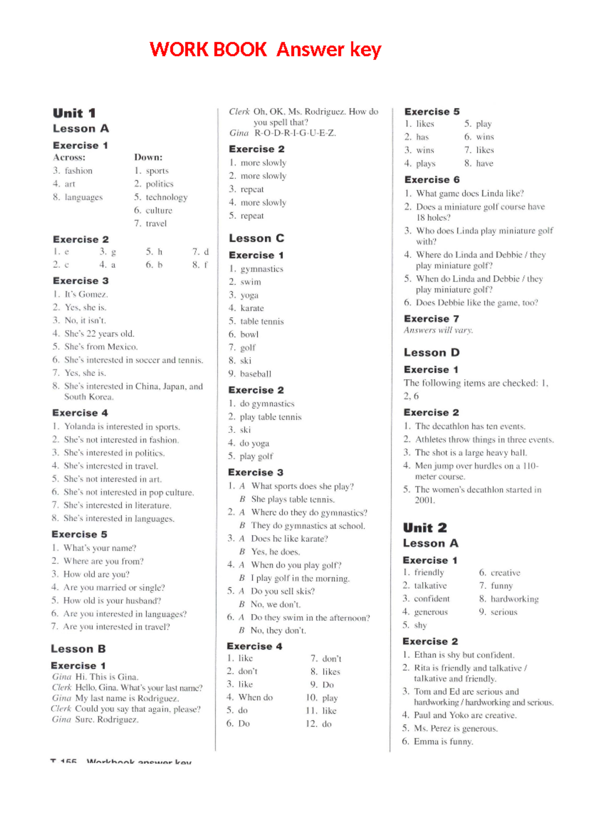 WB Answer key U1 - useful - WORK BOOK Answer key Unit 1 Clerk Oh, OK ...