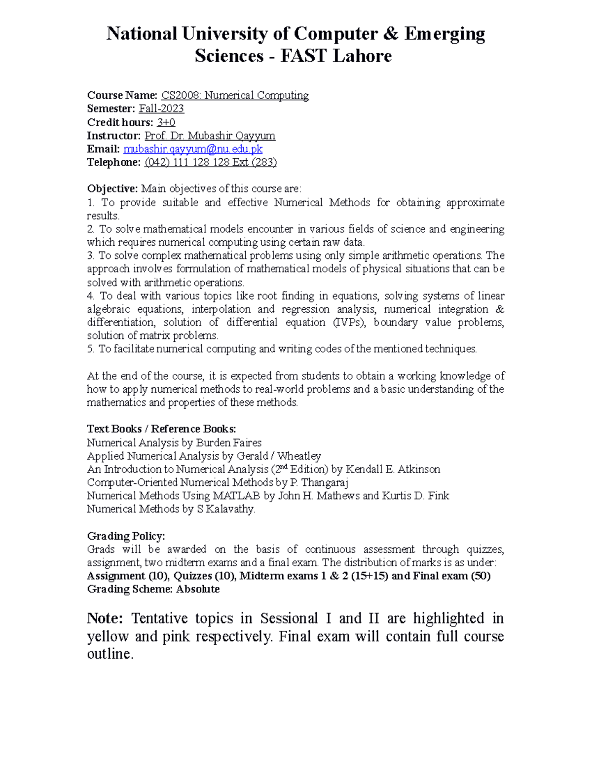 CS2008 Numerical Computing Course Outline - Fall 2023 Session - Studocu