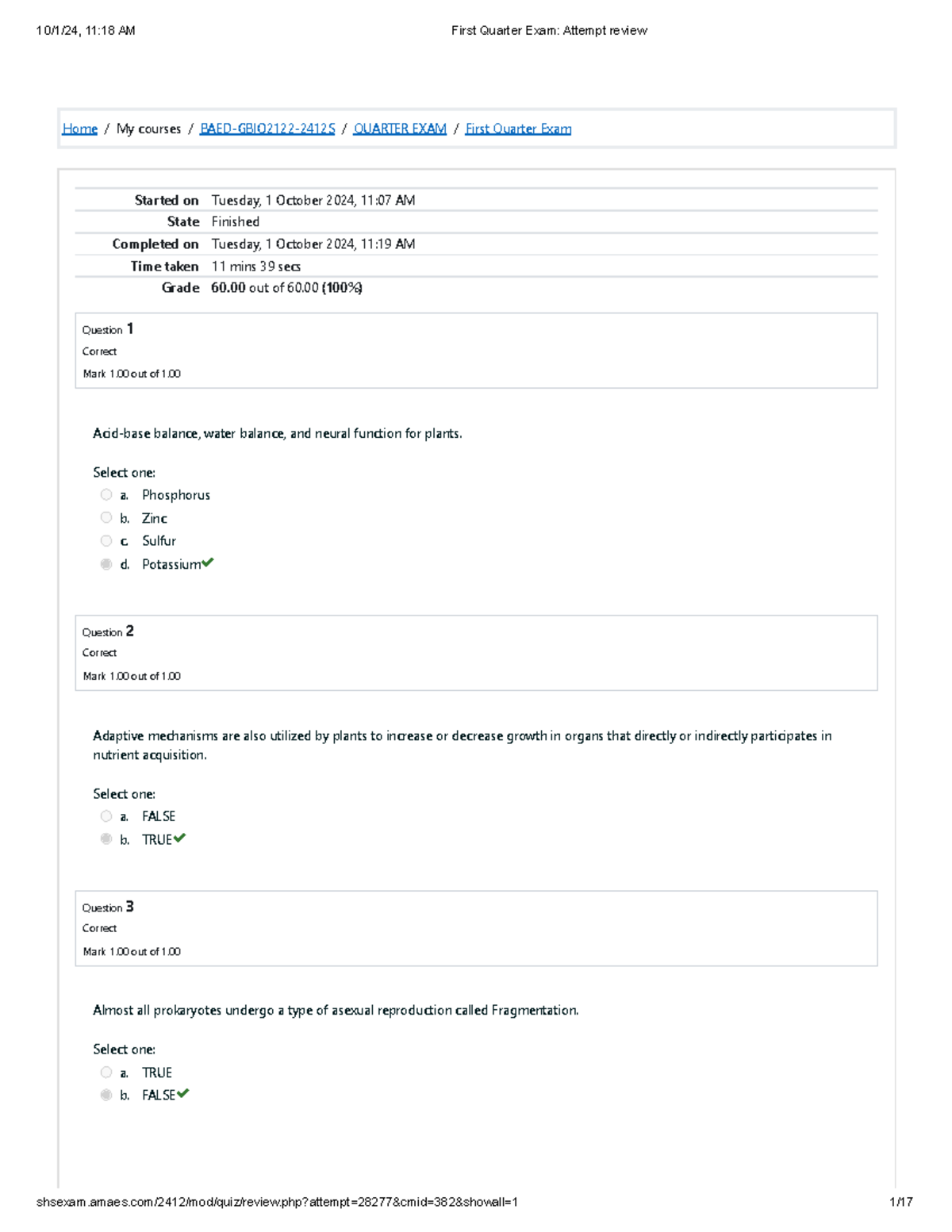 1ST QUARTER BIOLOGY2 EXAM RESULTS - BAED-GBIO2122-2412S - Document Preview