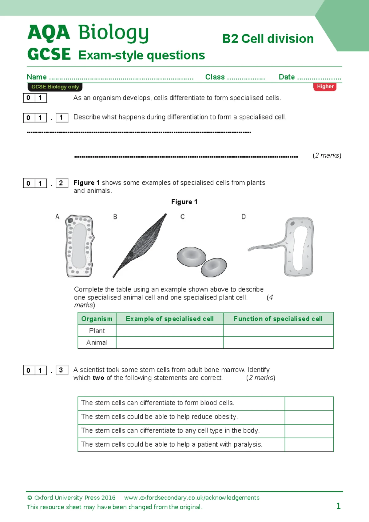 2025 AQA Triple Biology H: Cell Structure & Function Study Guide - Studocu