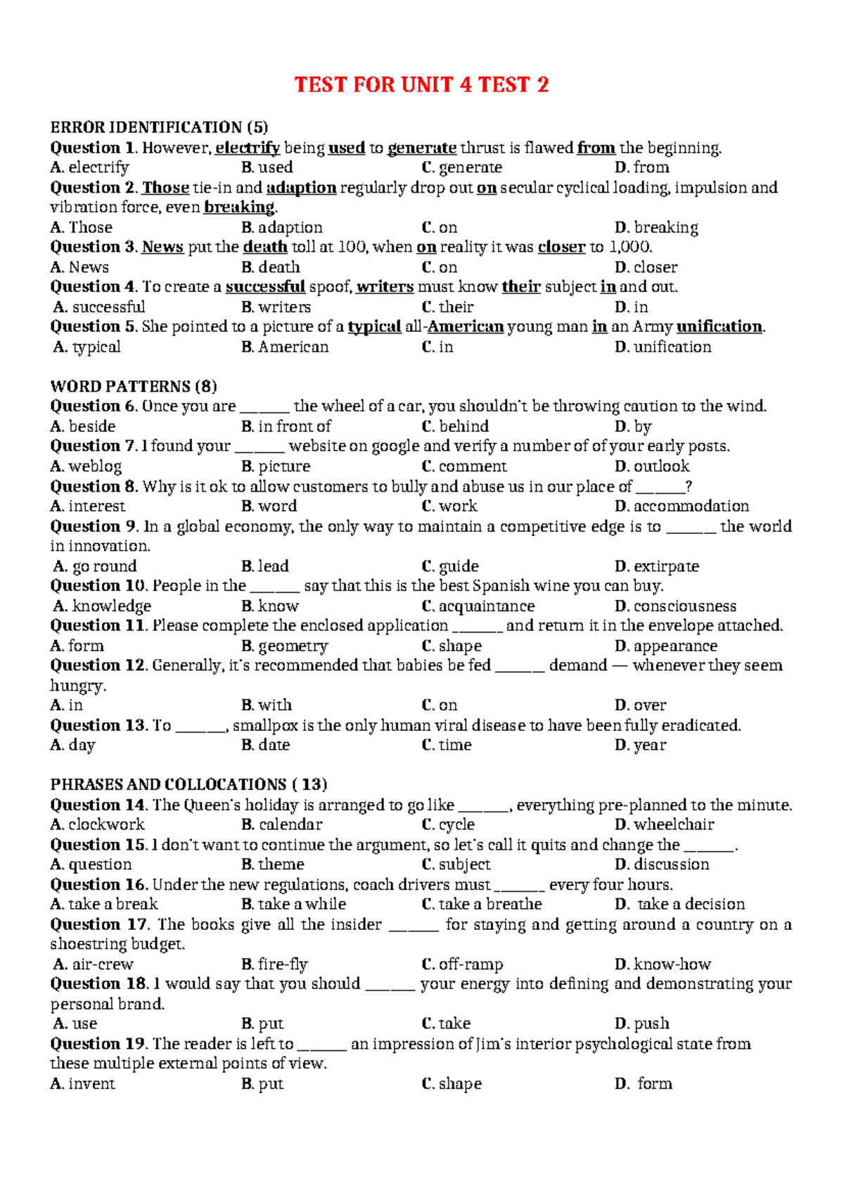 TEST FOR UNIT 4: ERROR IDENTIFICATION & VOCABULARY EXERCISES - Studocu