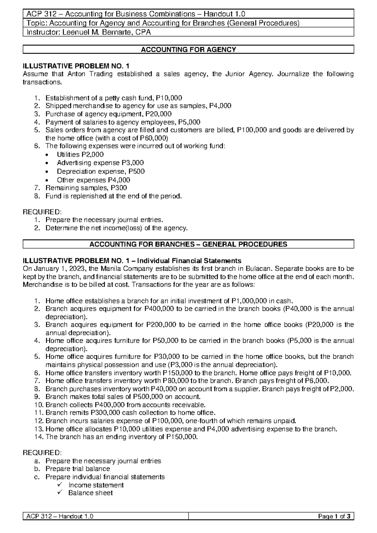 ACP 312 Final Exam Handout: Accounting for Agency & Branch Procedures ...