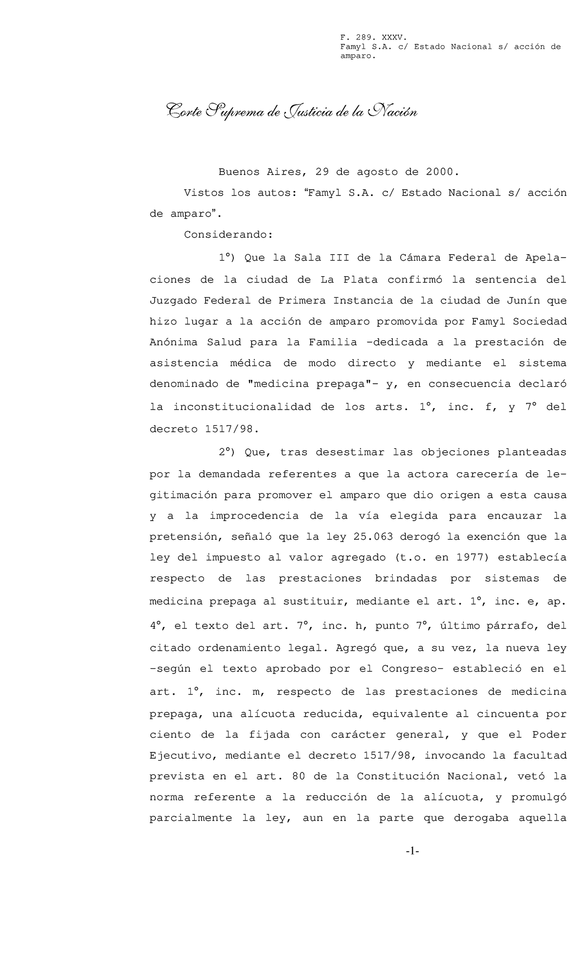 Sentencia de la Corte Suprema sobre Amparo de Famyl S.A. - C. 289 S ...