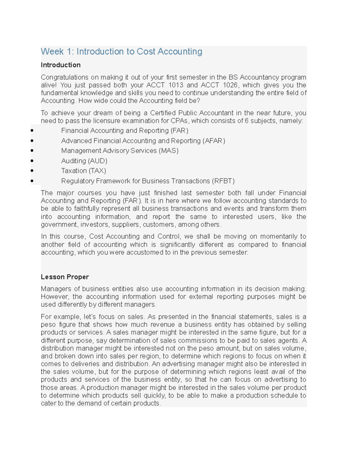 COST 1-6 - Lecture Notes on Cost Accounting Weeks 1-2 - Studocu