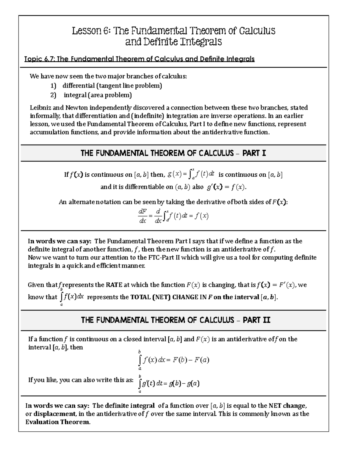 Lesson 6: The Fundamental Theorem of Calculus & Definite Integrals ...