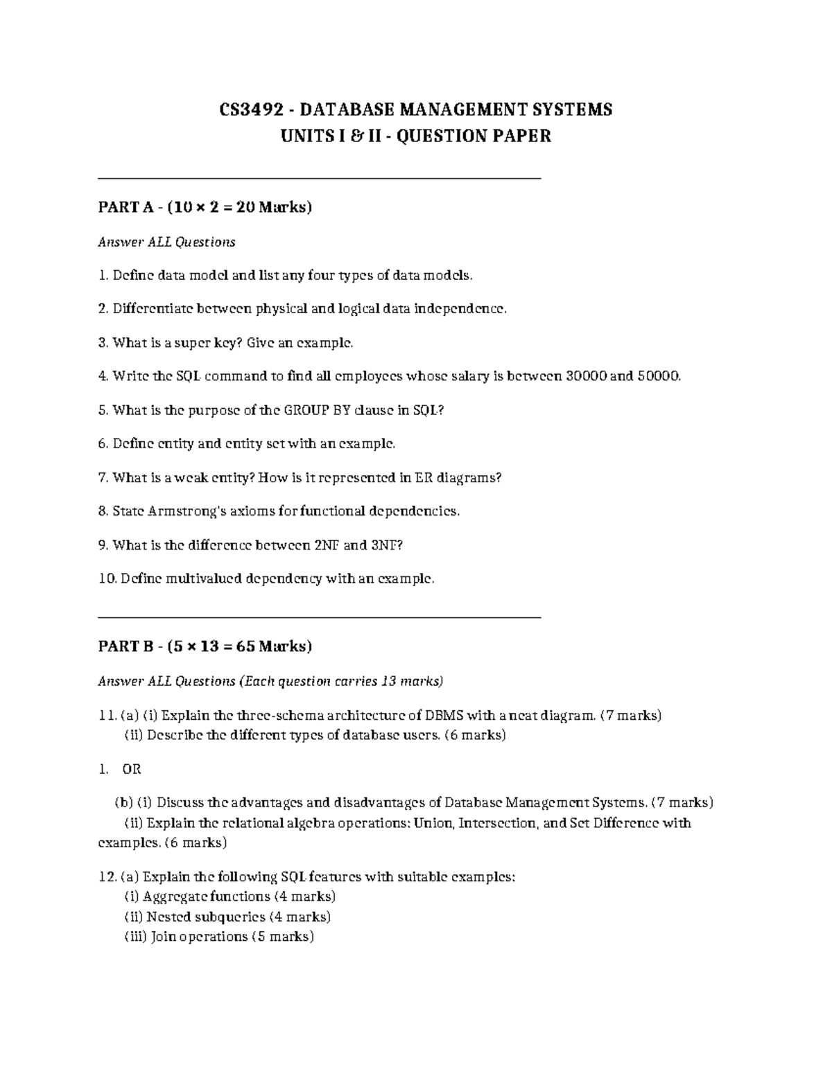 CS3492 DATABASE MANAGEMENT SYSTEMS QUESTION PAPER PART A & B - Studocu