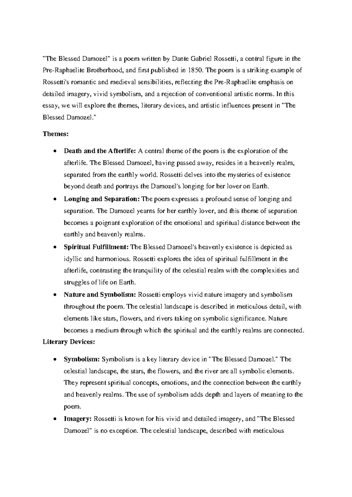 ENG 201 - Thematic Analysis of "The Blessed Damozel" Poem Summary - Studocu