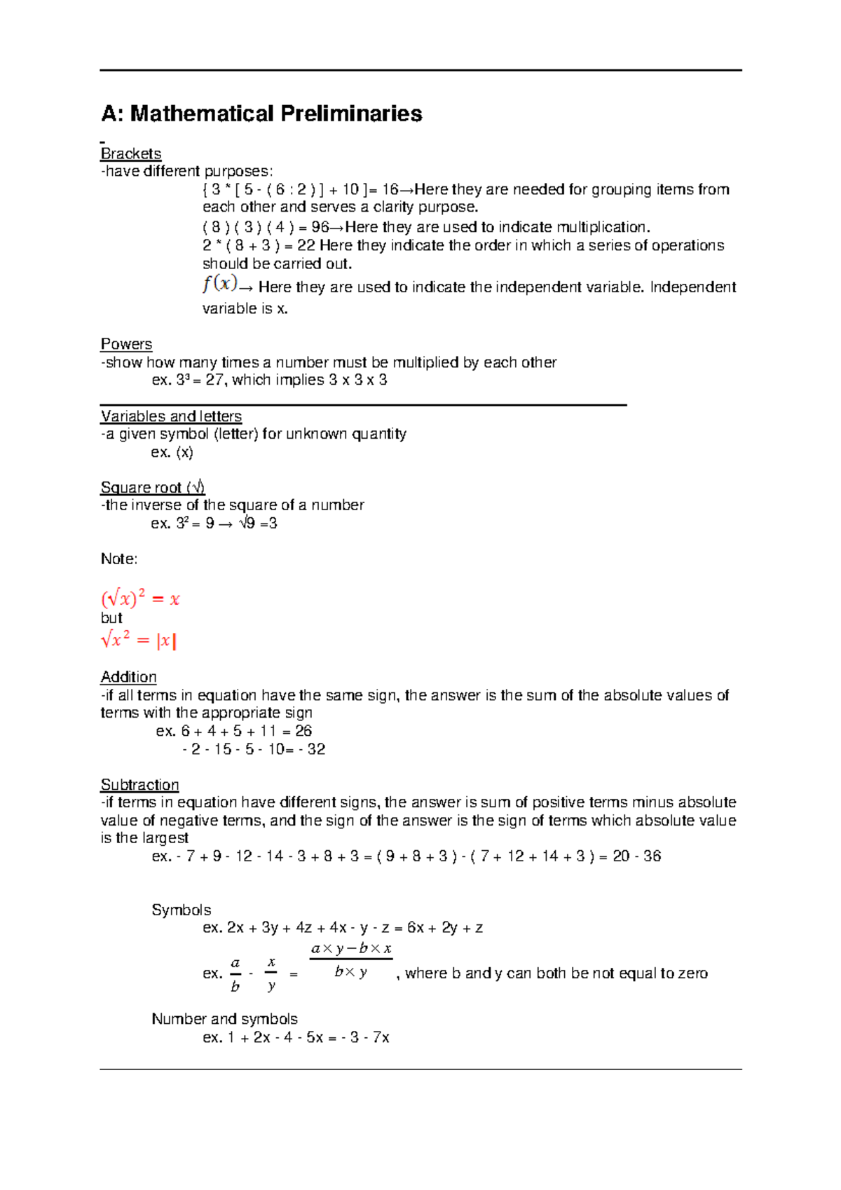 Mathematics 101: Key Preliminaries and Basic Operations Guide - Studeersnel