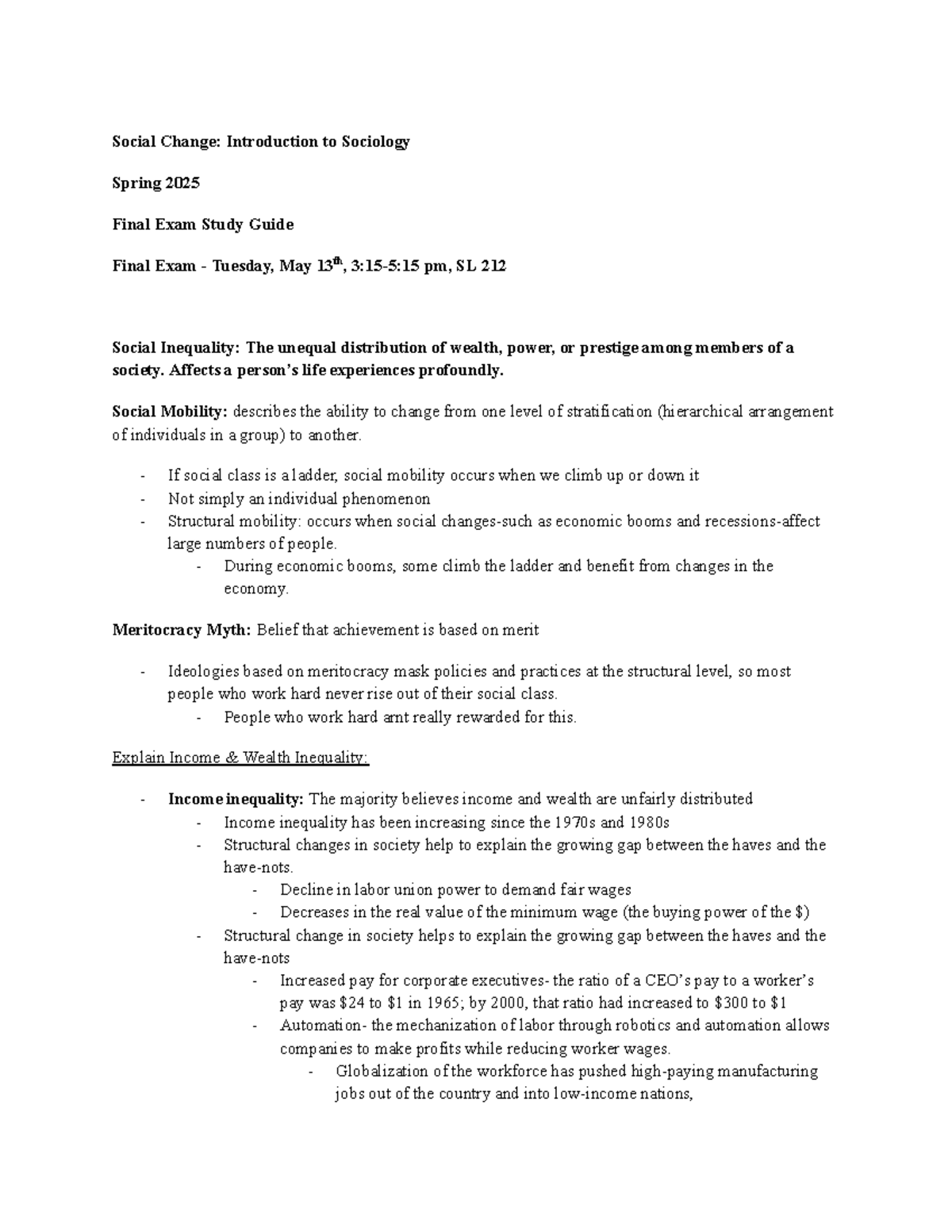 Sociology 101: Social Change & Inequality Final Exam Study Guide ...