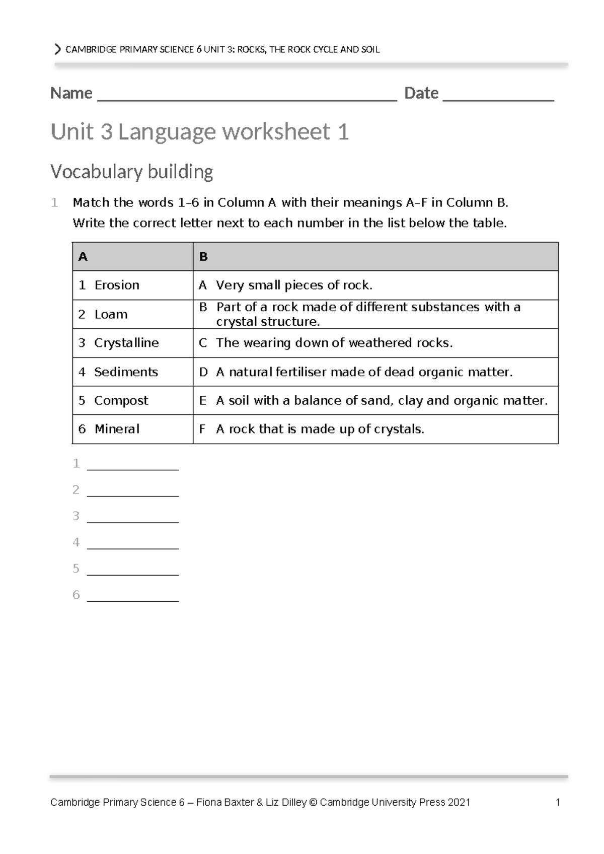 P Science 6 Unit 3: Rocks, The Rock Cycle & Soil Worksheets - Studocu
