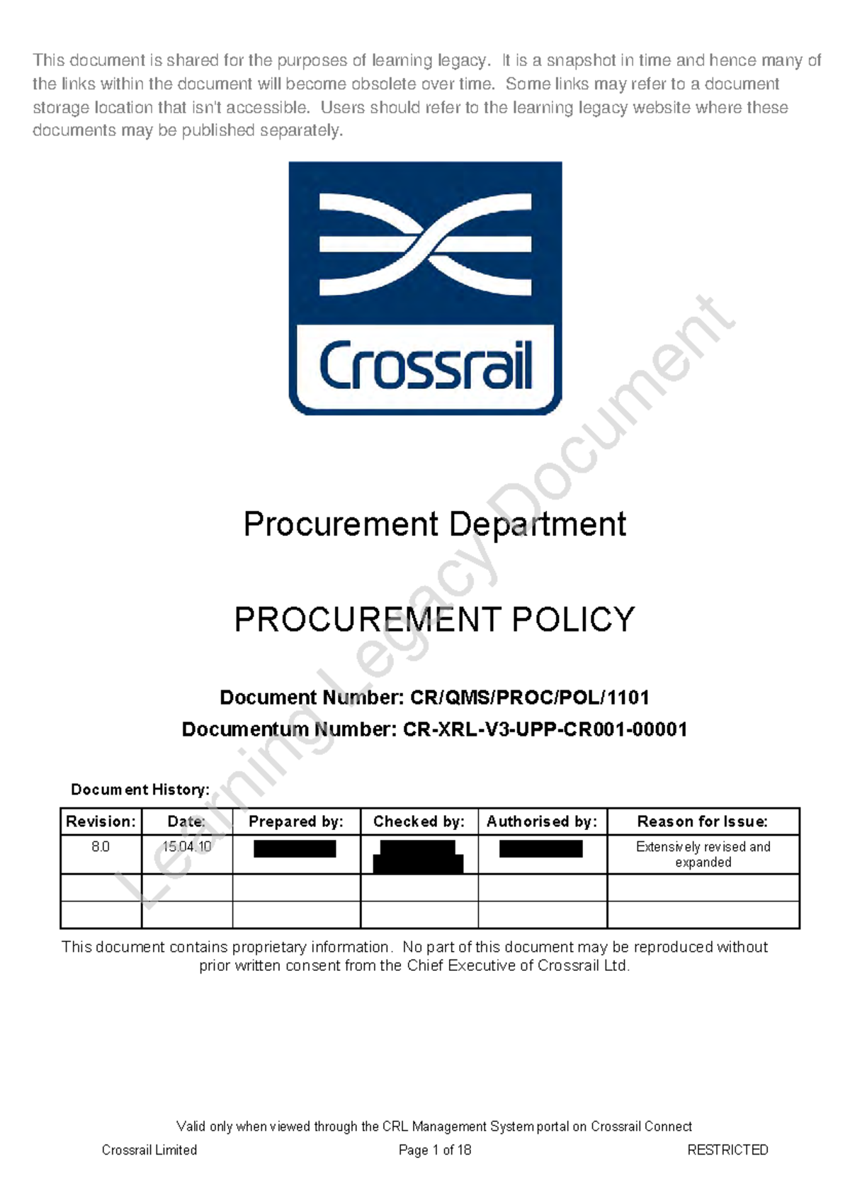 Crossrail Procurement Policy Document (CRL) - Comprehensive Overview ...