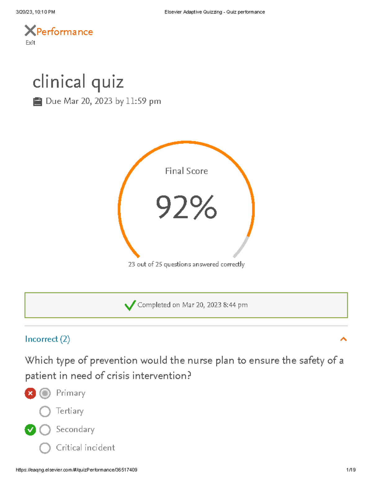 Elsevier Adaptive Quizzing - Clinical Quiz Performance Analysis - Studocu