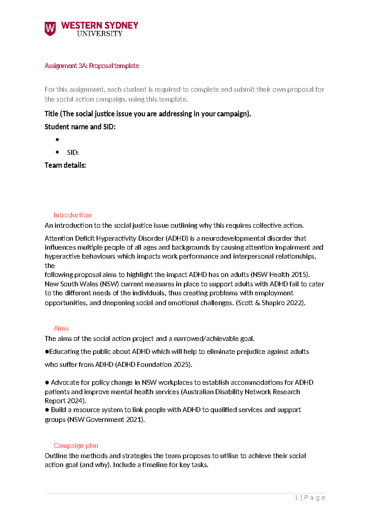 Assignment 3A: Proposal Template for ADHD Social Action Campaign - Studocu