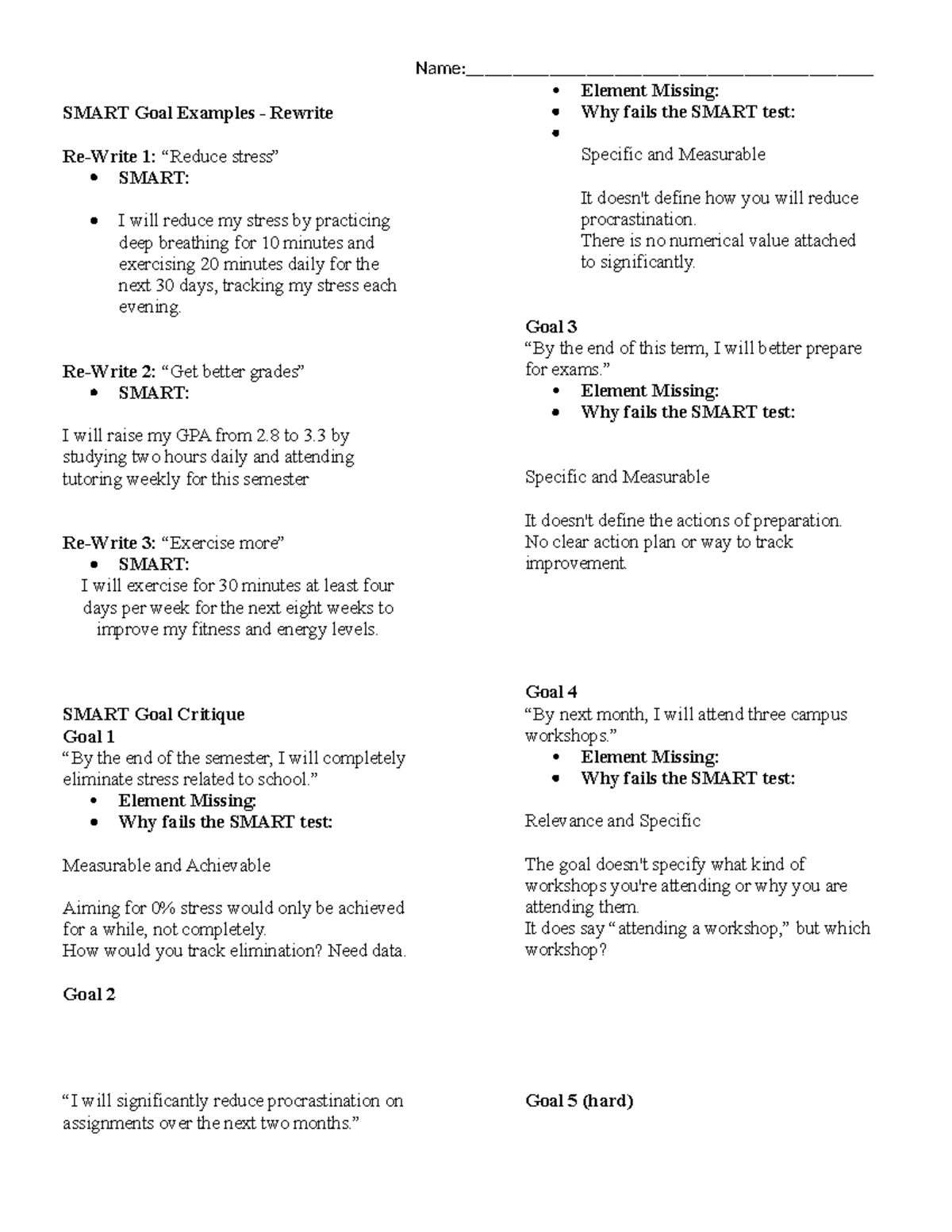 SMART Goal Class Exercise: Examples & Critiques - Studocu