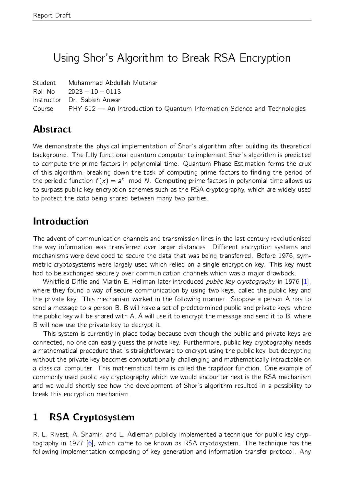 Shor 23100113-1 - fgfhjmjm - Report Draft Using Shor’s Algorithm to ...