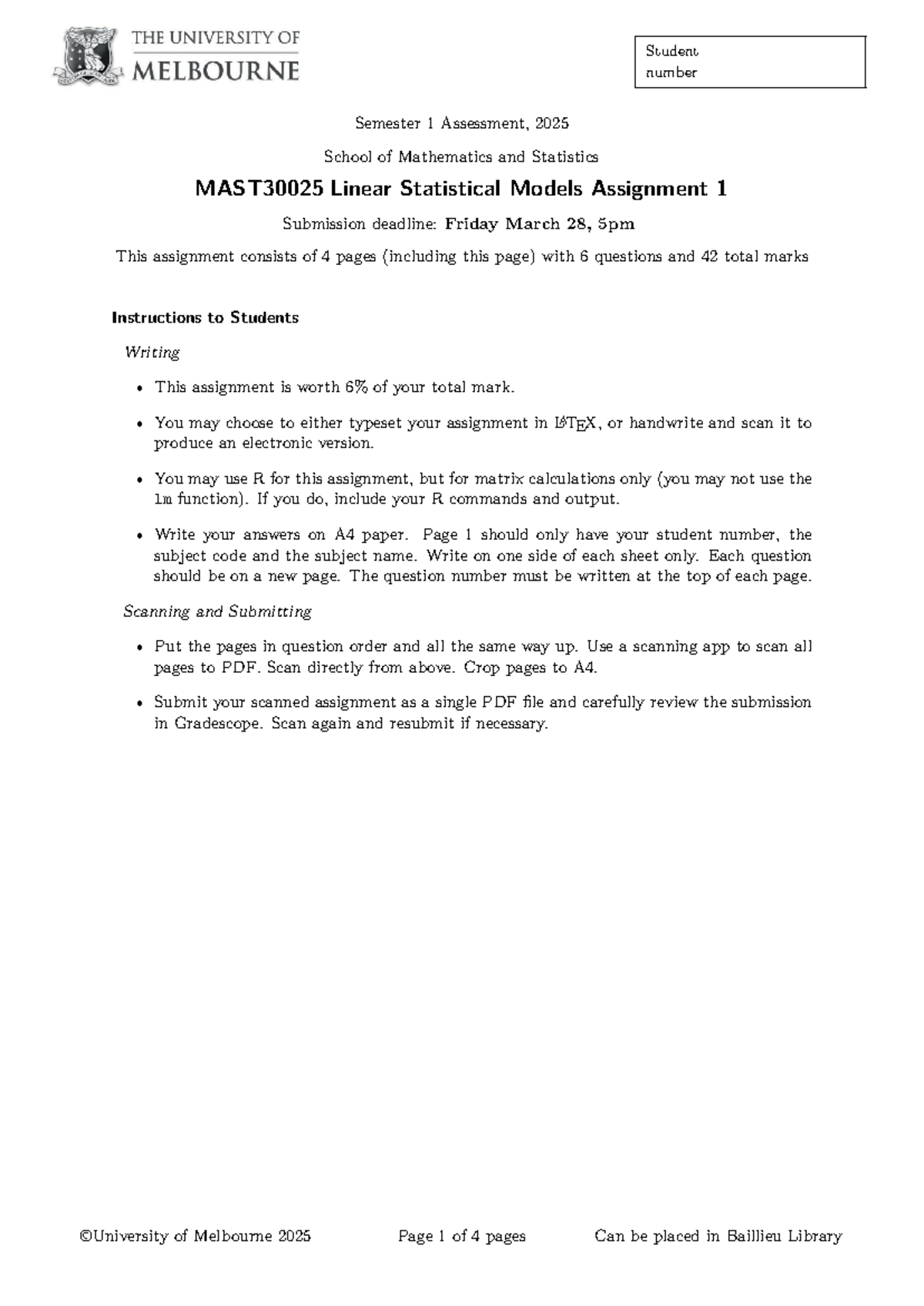 MAST30025 Final Assignment 1: Linear Statistical Models, Semester 1 ...