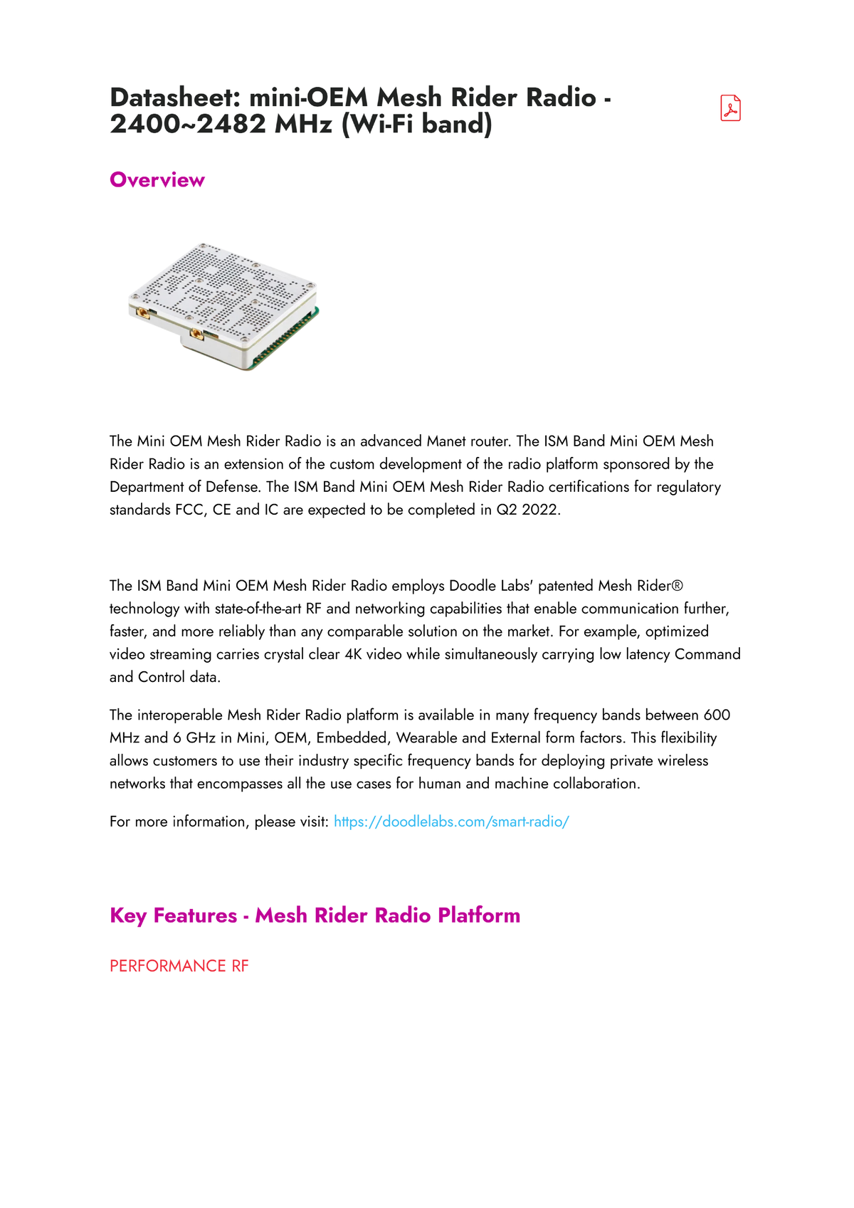 Mini OEM Mesh Rider Radio Datasheet - 2400-2482 MHz Overview - Studocu