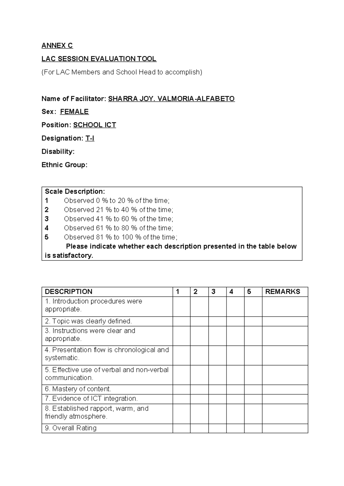 LAC Session Evaluation Tool for Facilitators: Annex C - Studocu