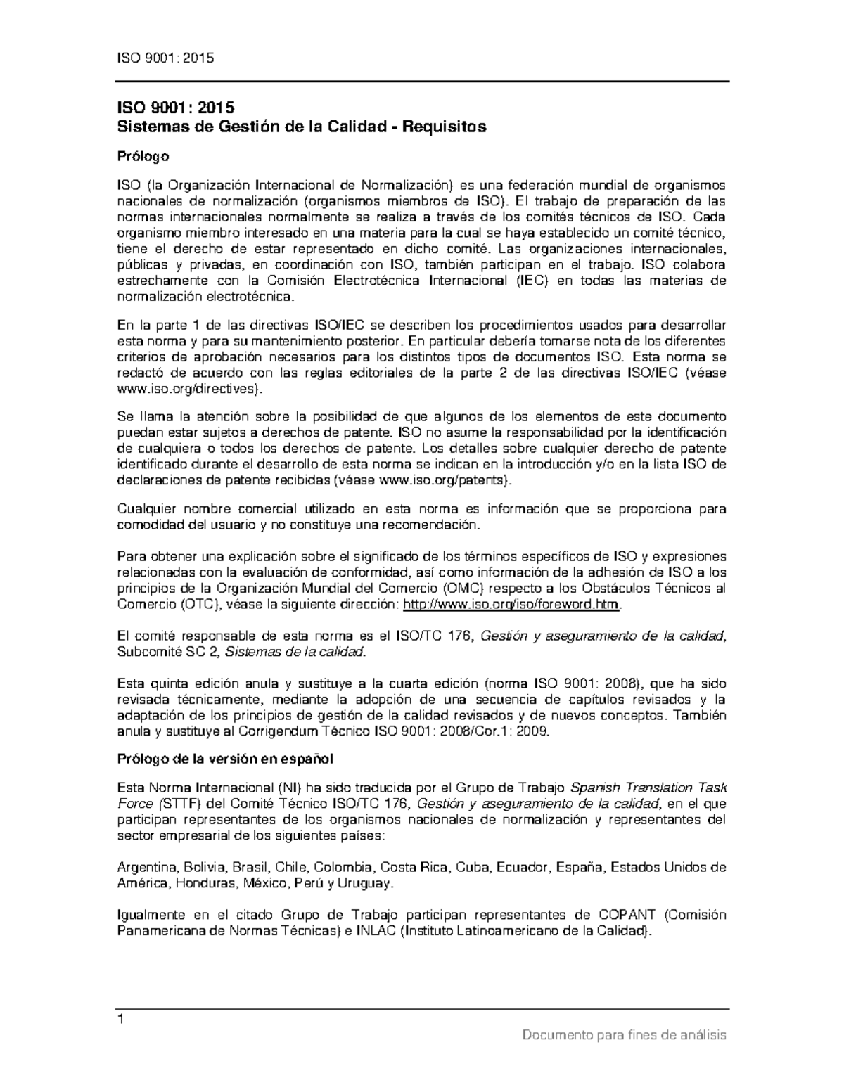 ISO 9001-2015 - Norma de calidad - 1 ISO 9001: 2015 Sistemas de Gestión ...