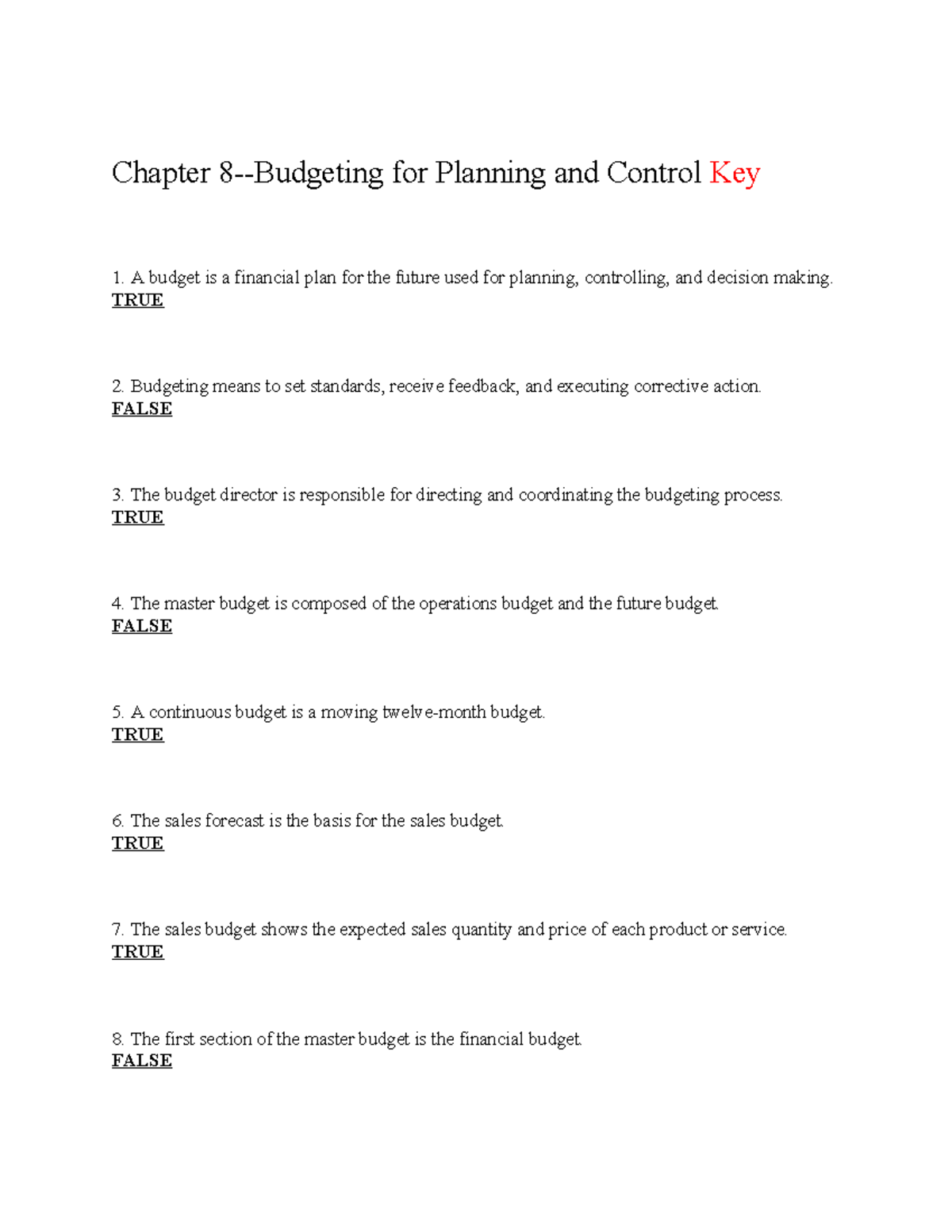 Chapter 08 - Budgeting for Effective Planning and Control - Document Preview