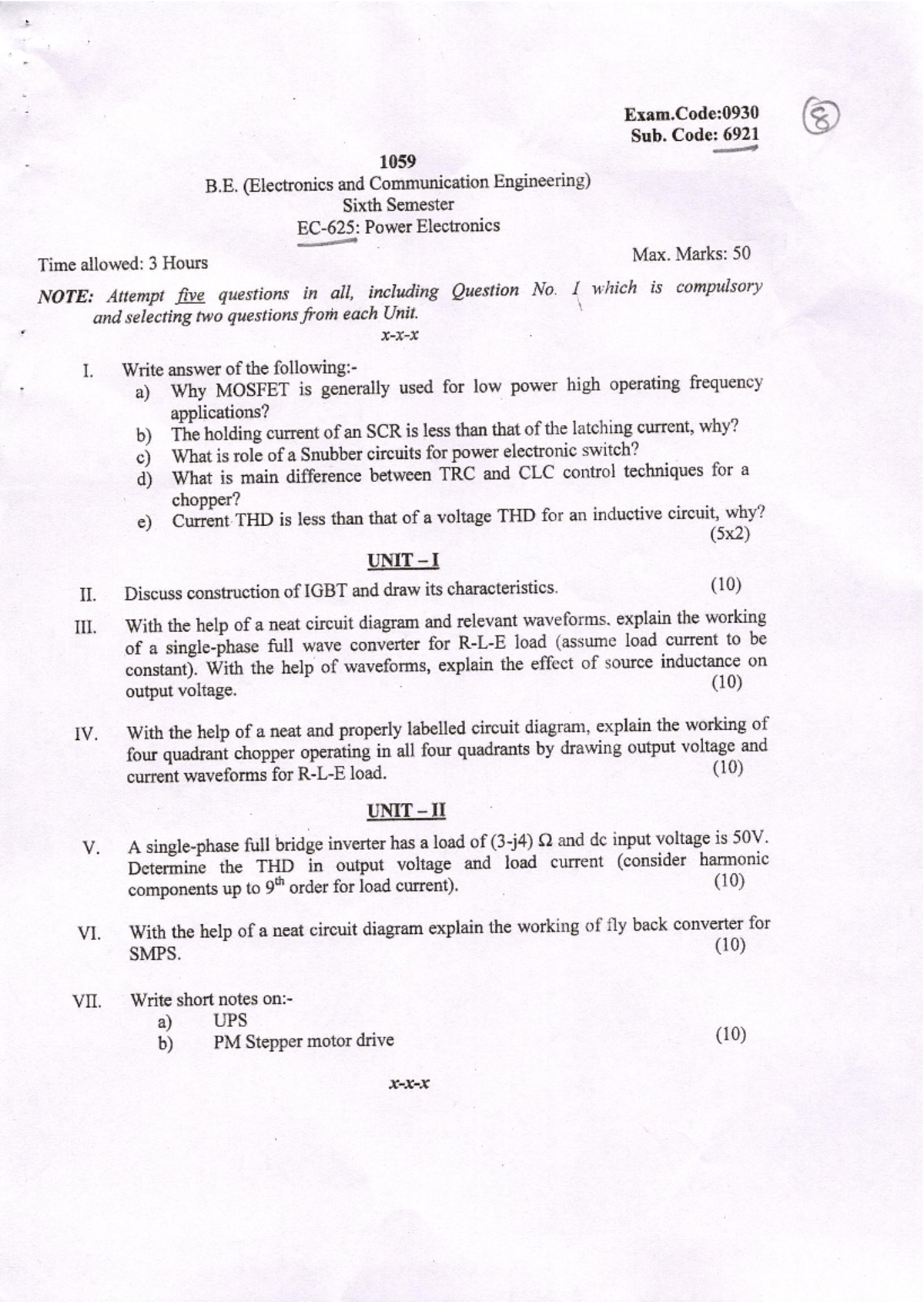 2019 May 6th Sem B.E. (ECE) Power Electronics Exam Notes 625 - Studocu