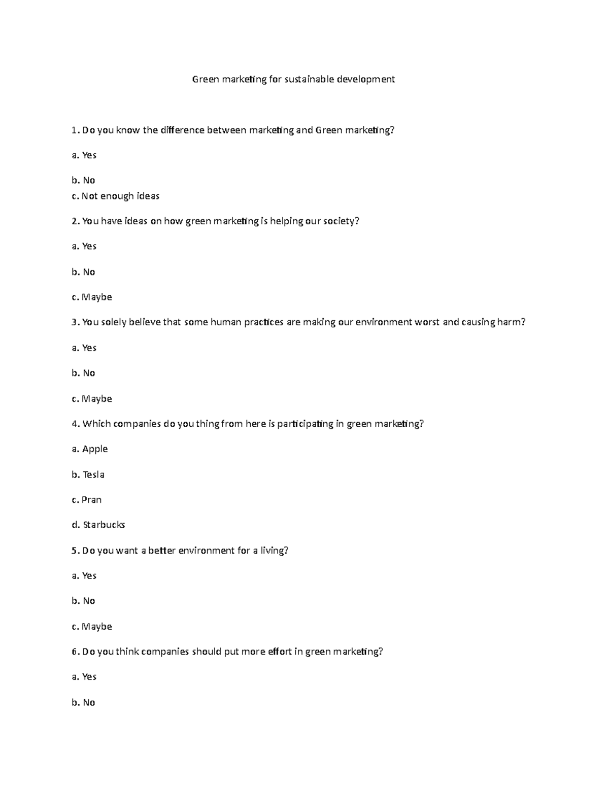 Survey Questionnaire on Green Marketing for Sustainable Development ...